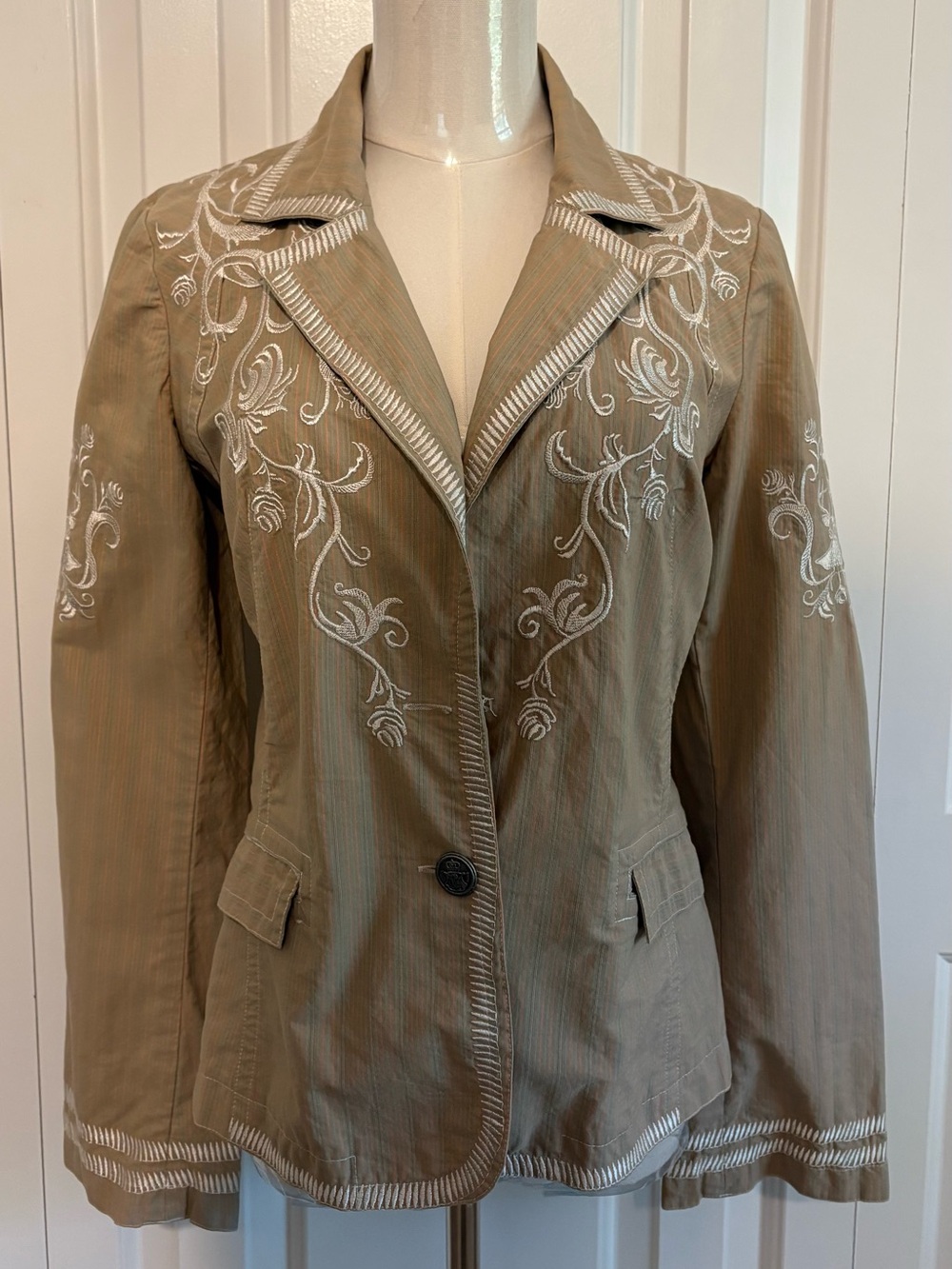 Beautifully Embroidered Khaki Women's Blazer Jacket, See measurements